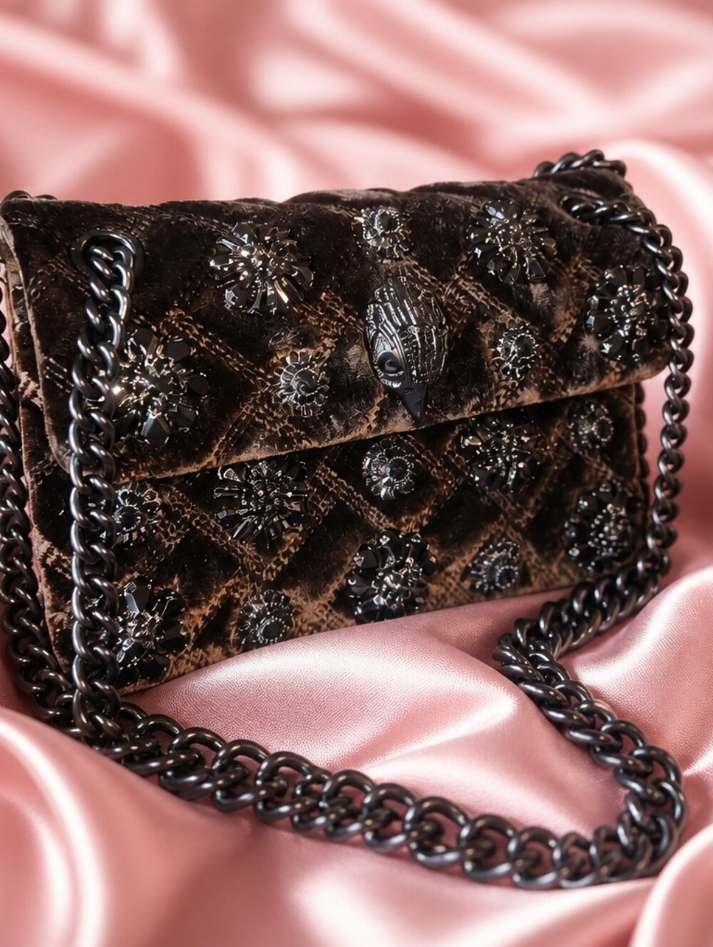 Kurt Geiger Black Quilted Velvet Embellished Shoulder Bag